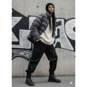 Lands End Womens 2X Puffer Jacket Black Gray Tweed Print Down Filled Quilted Zip